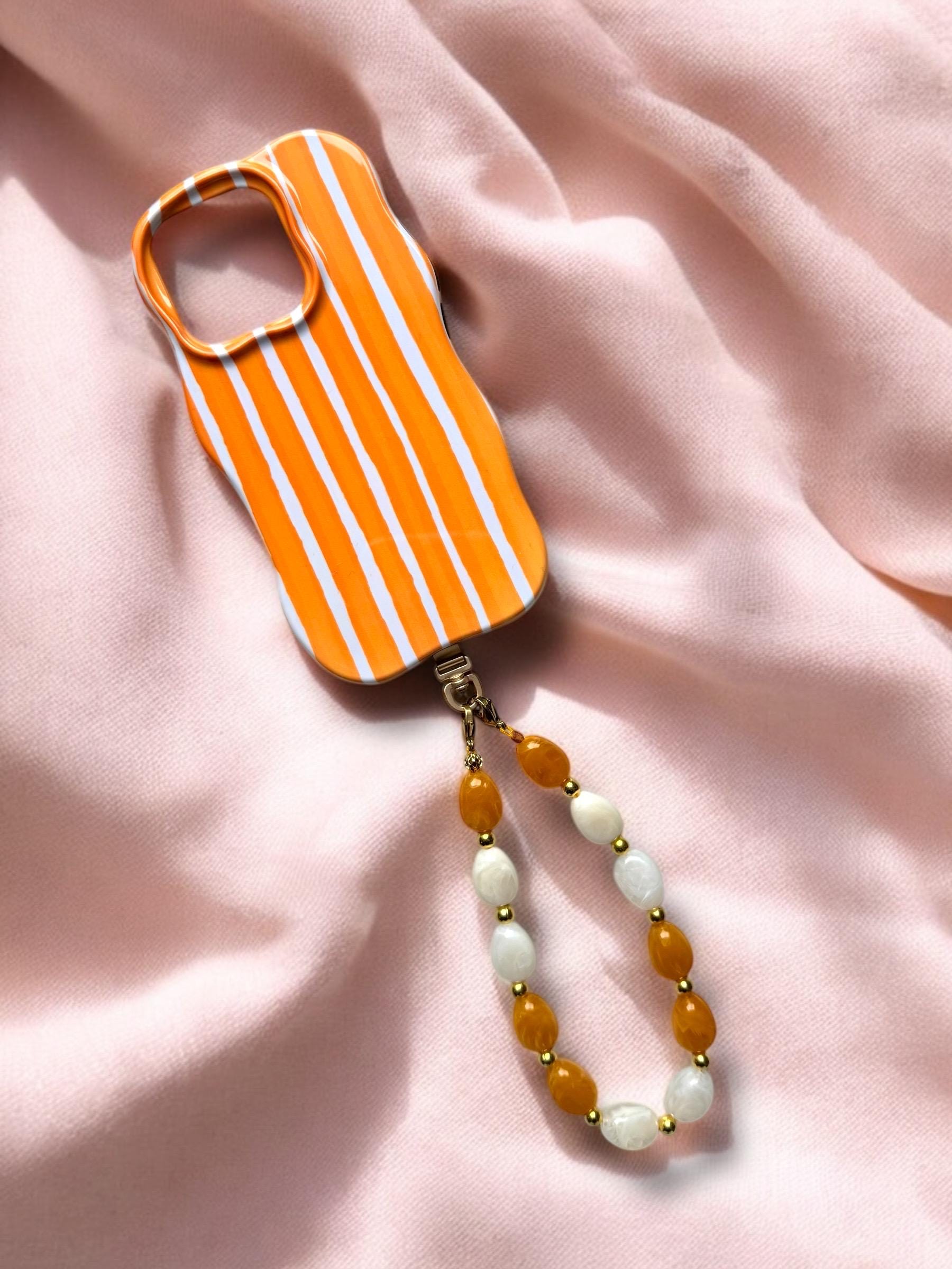 Coque wavy et Bijou de téléphone - Coque rayée orange avec bijou de téléphone assorti – Perles fantaisie