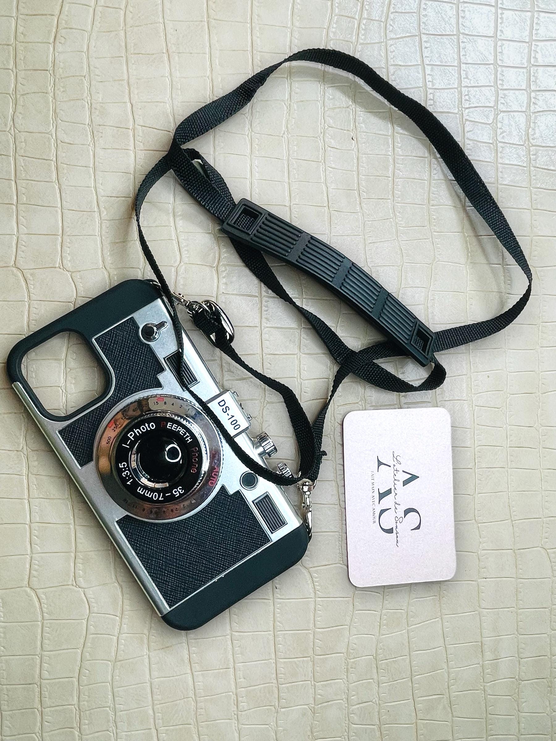 Coque originale effet rétro pour téléphone – Style appareil photo – Fait main avec dragonne perles