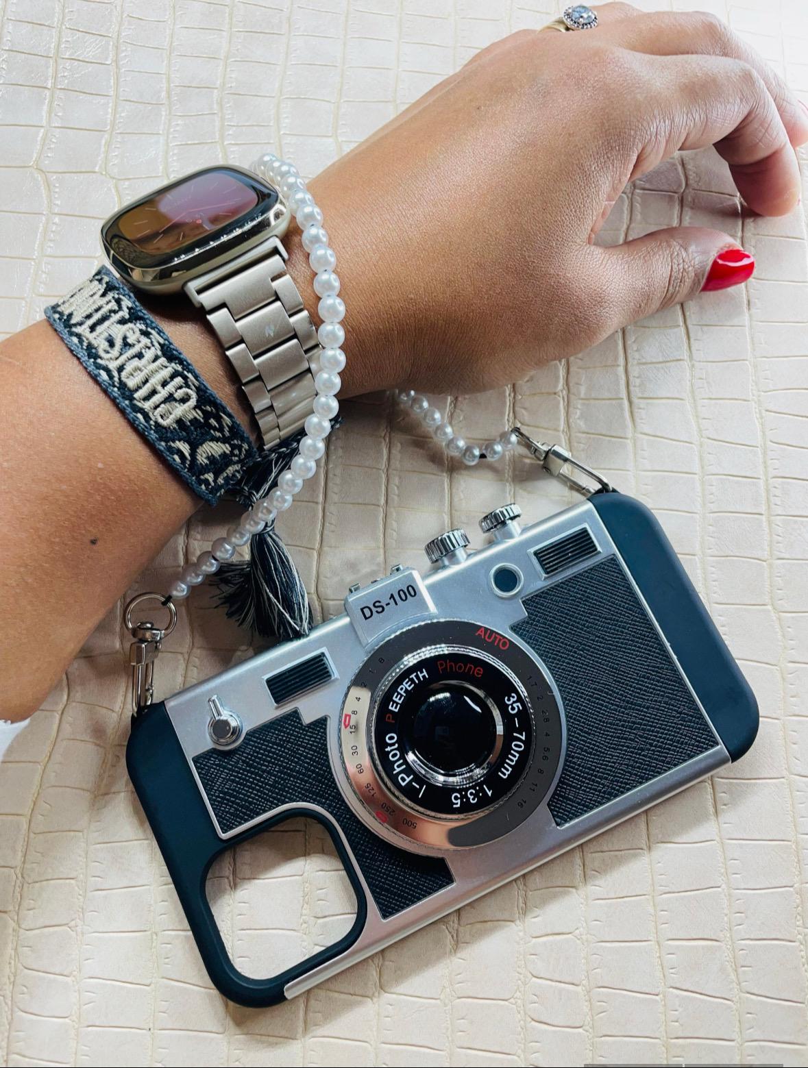 Coque originale effet rétro pour téléphone – Style appareil photo – Fait main avec dragonne perles