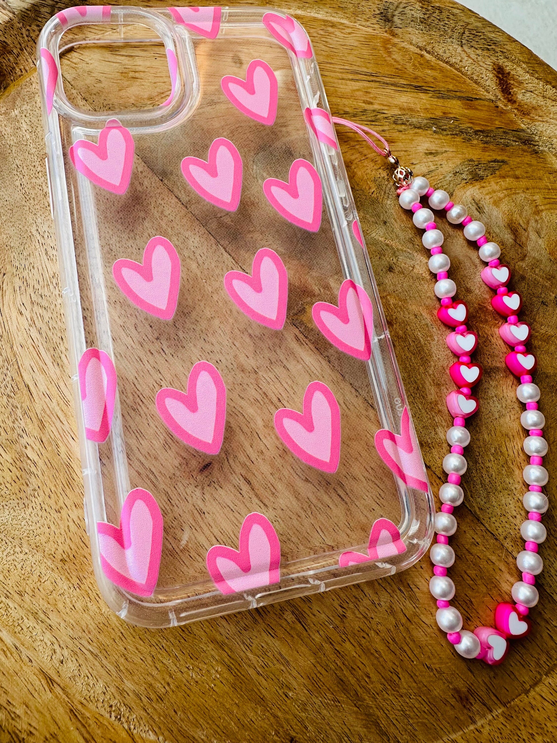 Coque de téléphone silicone souple - coque et son bijou de téléphone - motif cœur rose - iPhone - phone case - phone strap - saint valentin