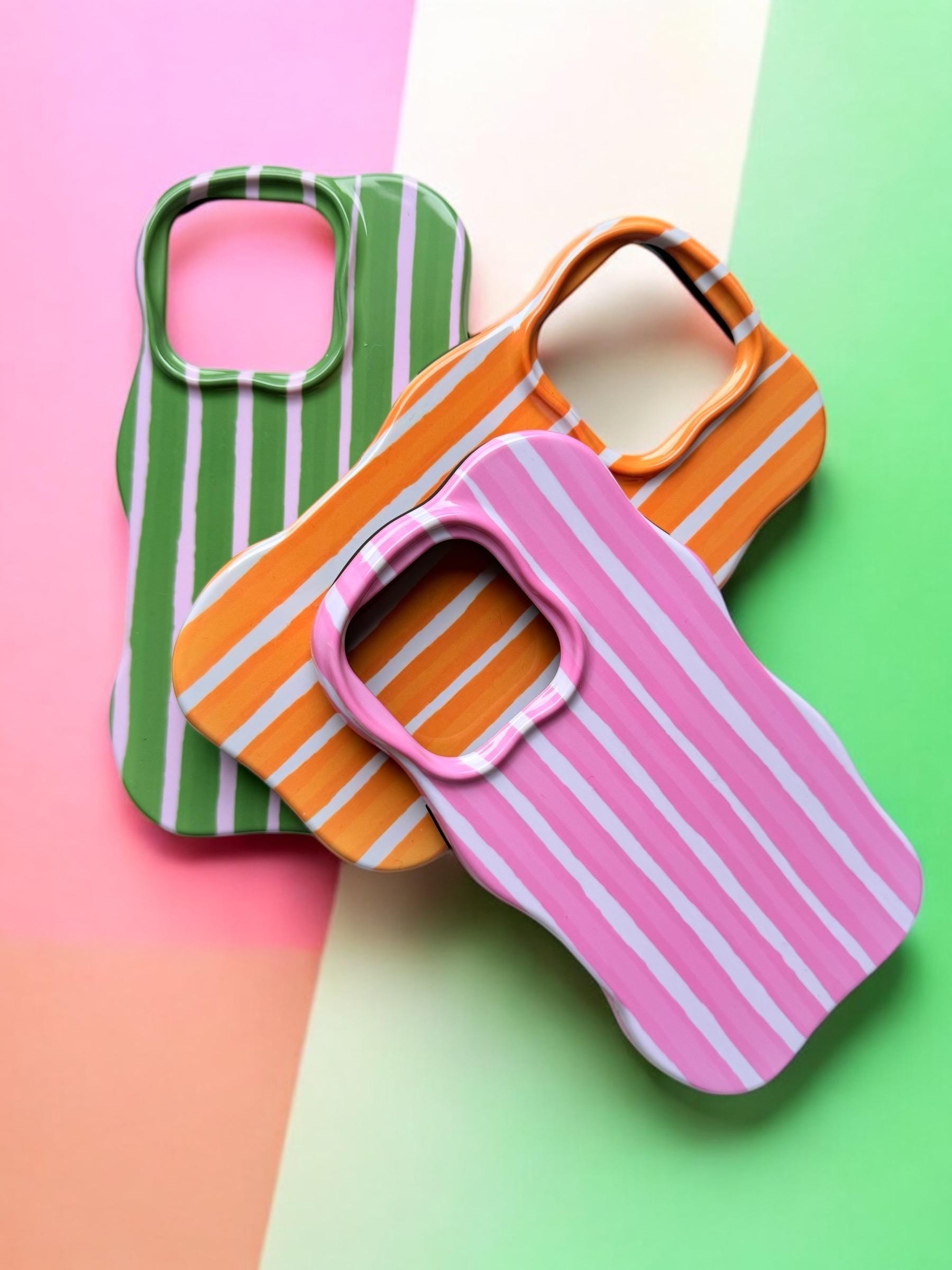 Lot de 3 coques rayées colorées – Vert, rose et orange – Finition brillante