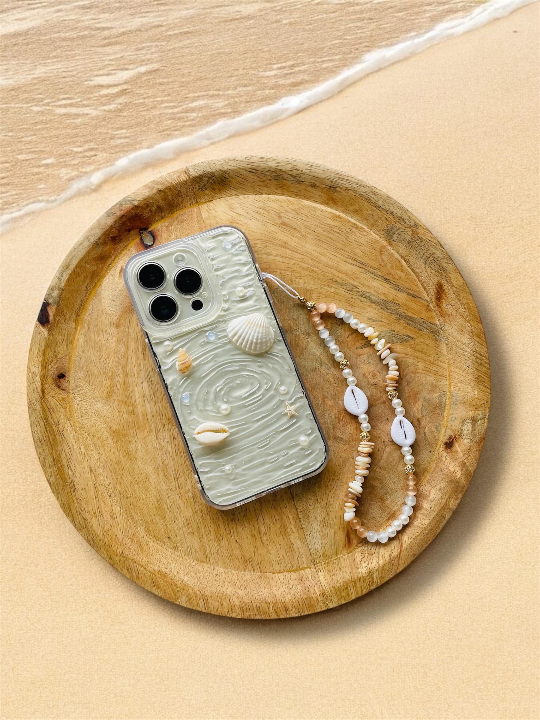 Coque de téléphone - couleurs pales - coque et son bijou de téléphone - motif coquillage - iPhone - phone case - phone strap