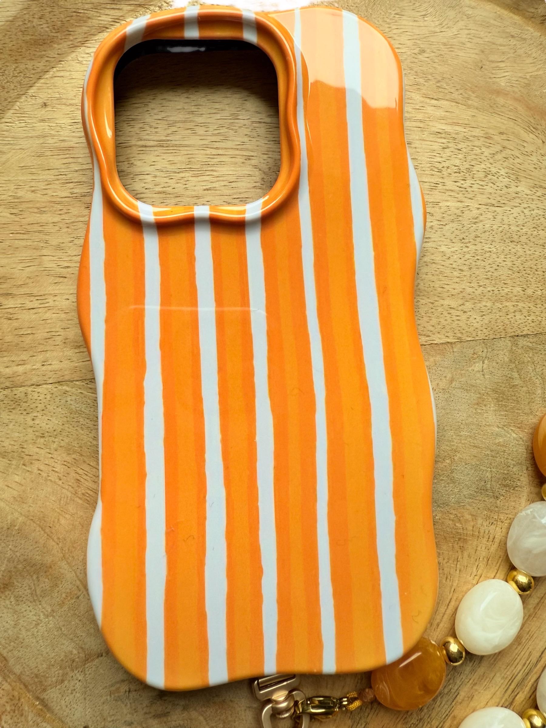 Coque wavy et Bijou de téléphone - Coque rayée orange avec bijou de téléphone assorti – Perles fantaisie