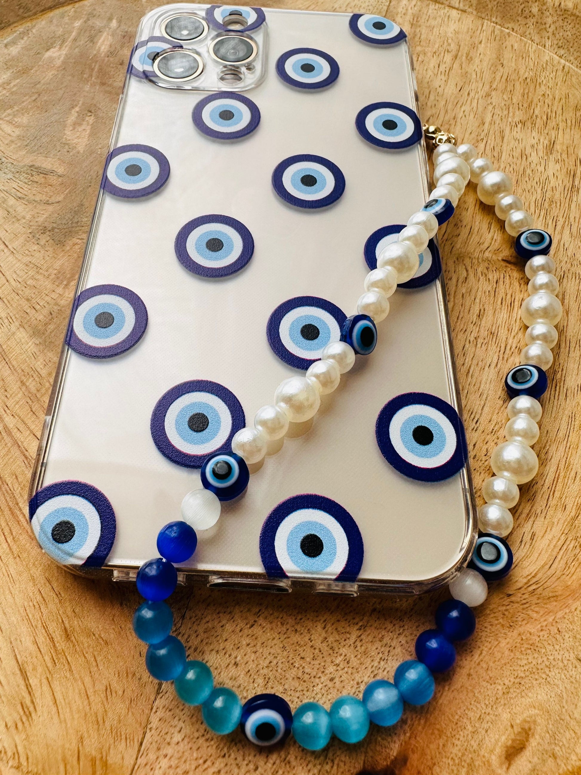 Bijoux de téléphone - iPhone - breloque - grigri de téléphone - perles nacrées - œil grec