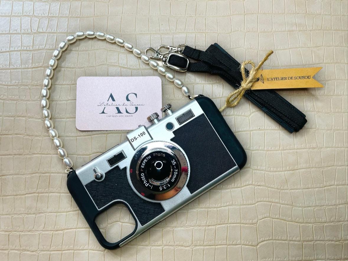 Coque originale effet rétro pour téléphone – Style appareil photo – Fait main avec dragonne perles
