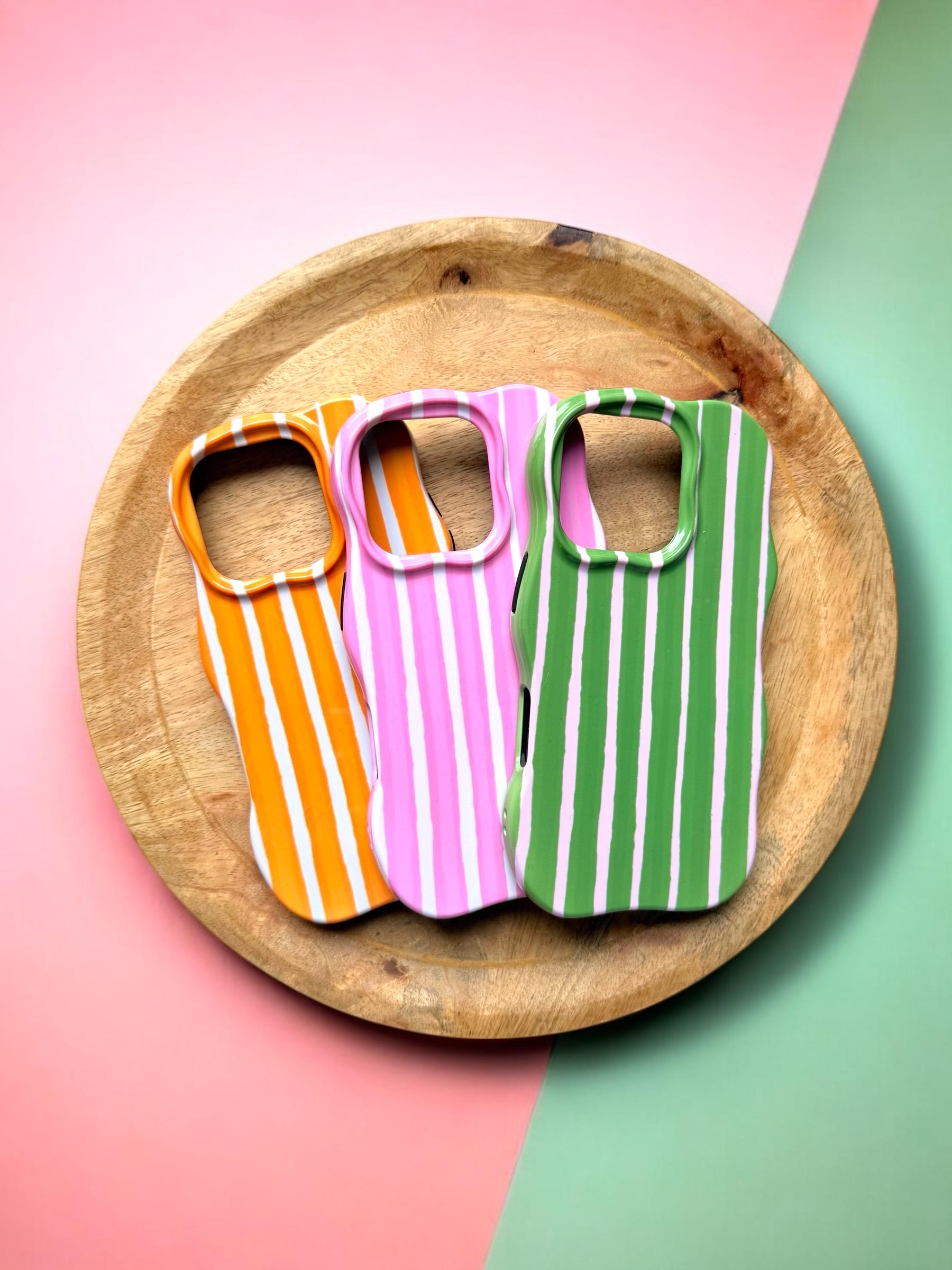Lot de 3 coques rayées colorées – Vert, rose et orange – Finition brillante