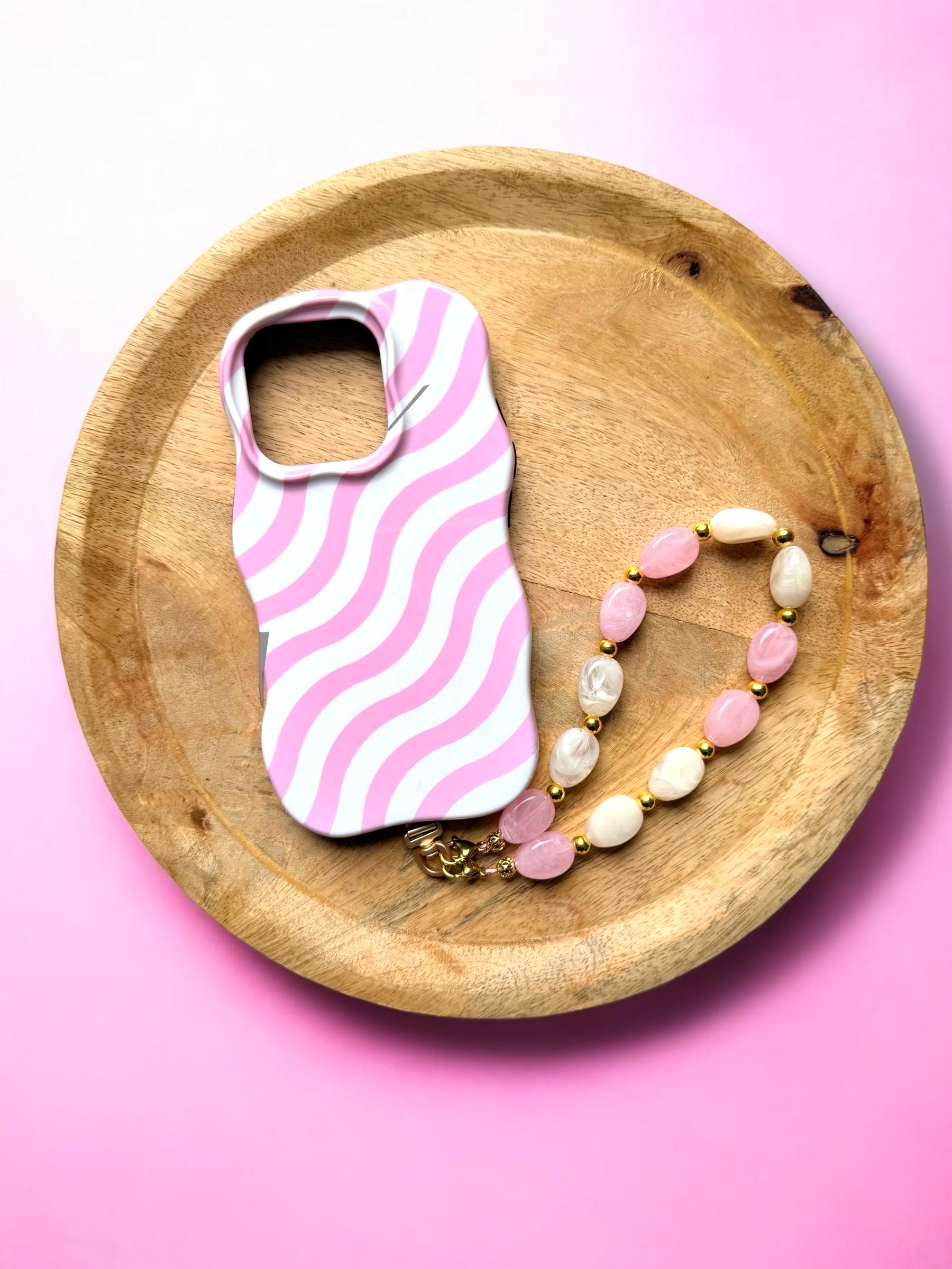 Coque wavy et Bijou de téléphone - Coque rayée rose et blanc avec bijou de téléphone assorti – Perles fantaisie