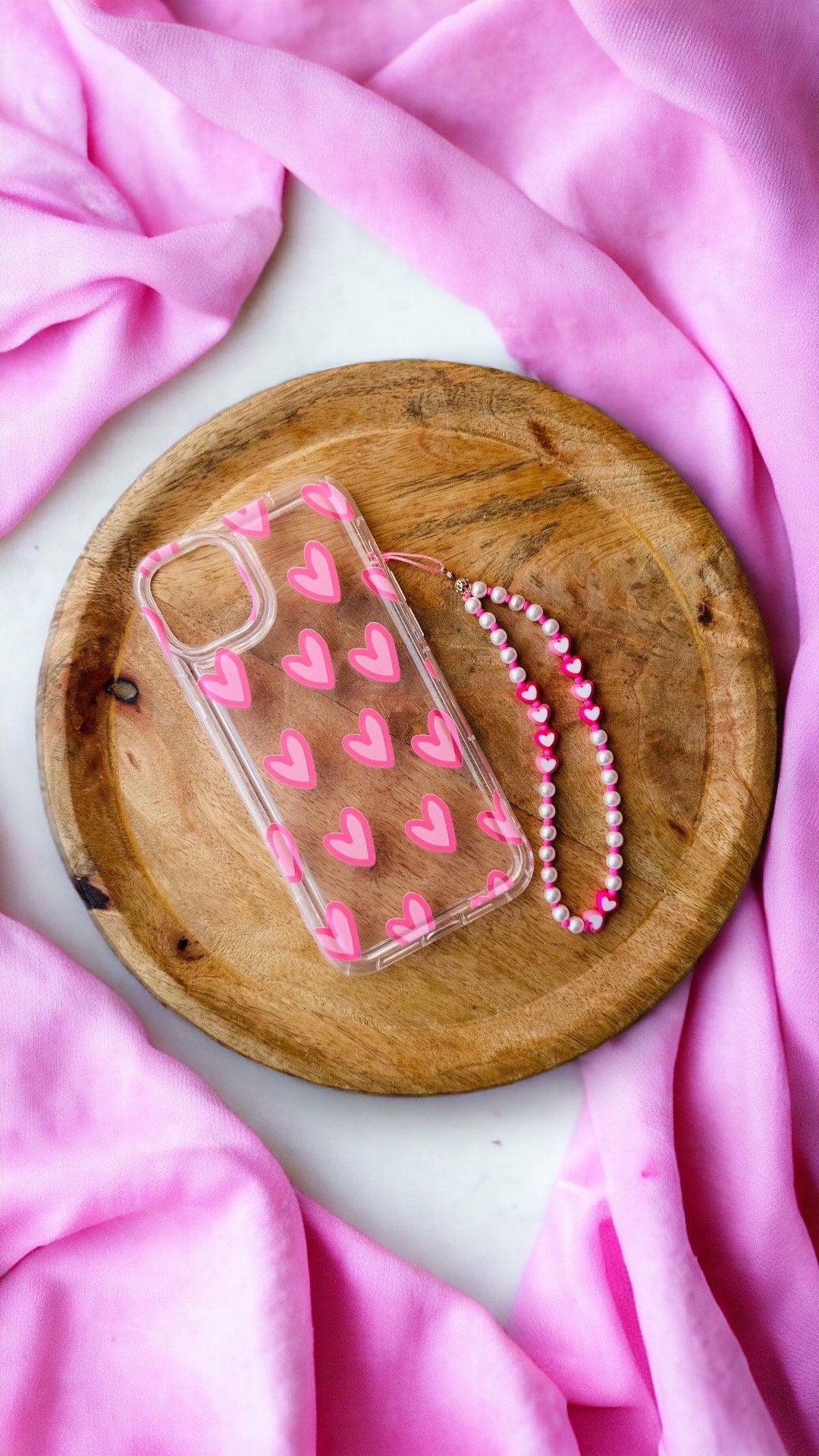 Coque de téléphone silicone souple - coque et son bijou de téléphone - motif cœur rose - iPhone - phone case - phone strap - saint valentin